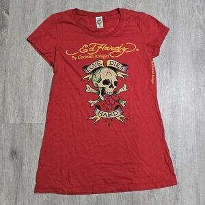 Vintage Y2K Ed Hardy by Christian Audigier Skull Red Top "Love Dies Hard"